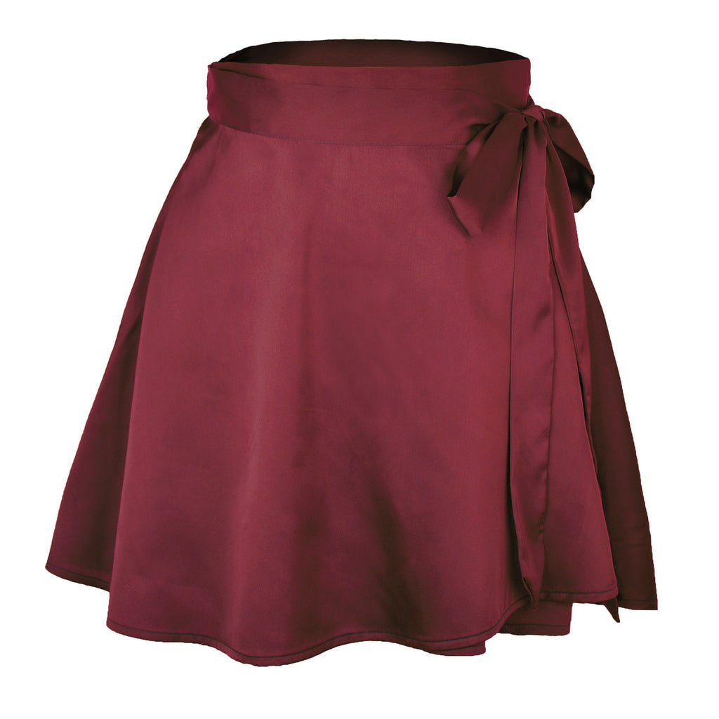 Solid Color A-Line High-Waisted Short Skirt for Women with Tie Satin Wrap Skirt