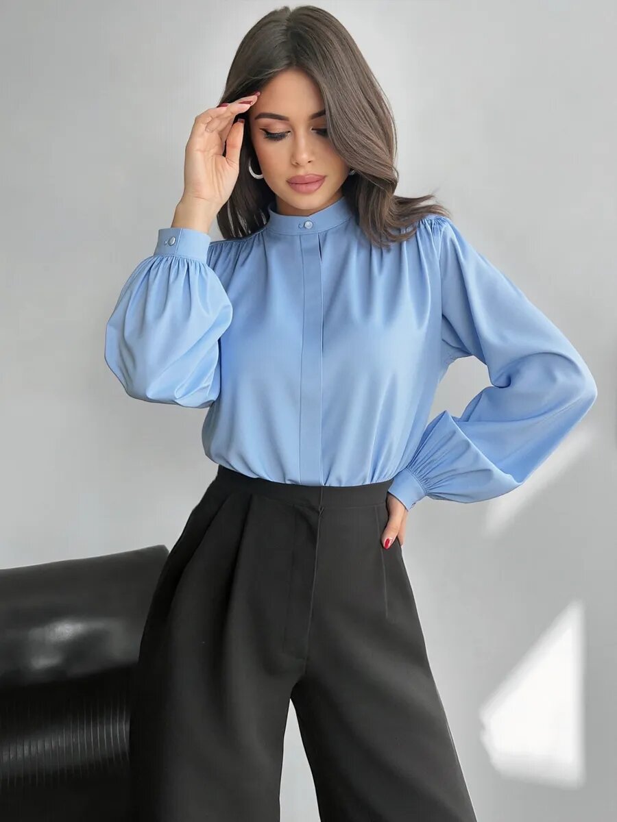 Womens Satin Shirt Stand Collar Lantern Sleeve