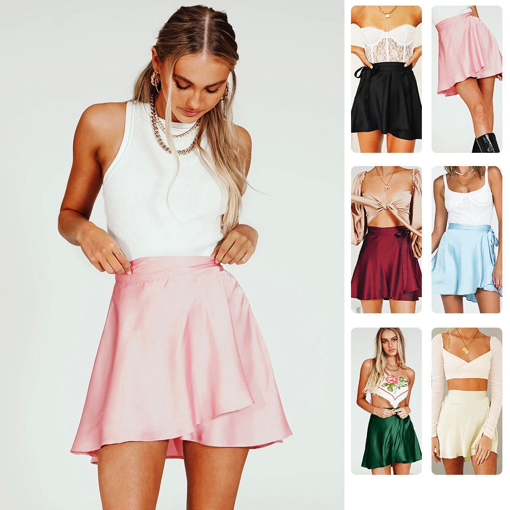 Solid Color A-Line High-Waisted Short Skirt for Women with Tie Satin Wrap Skirt