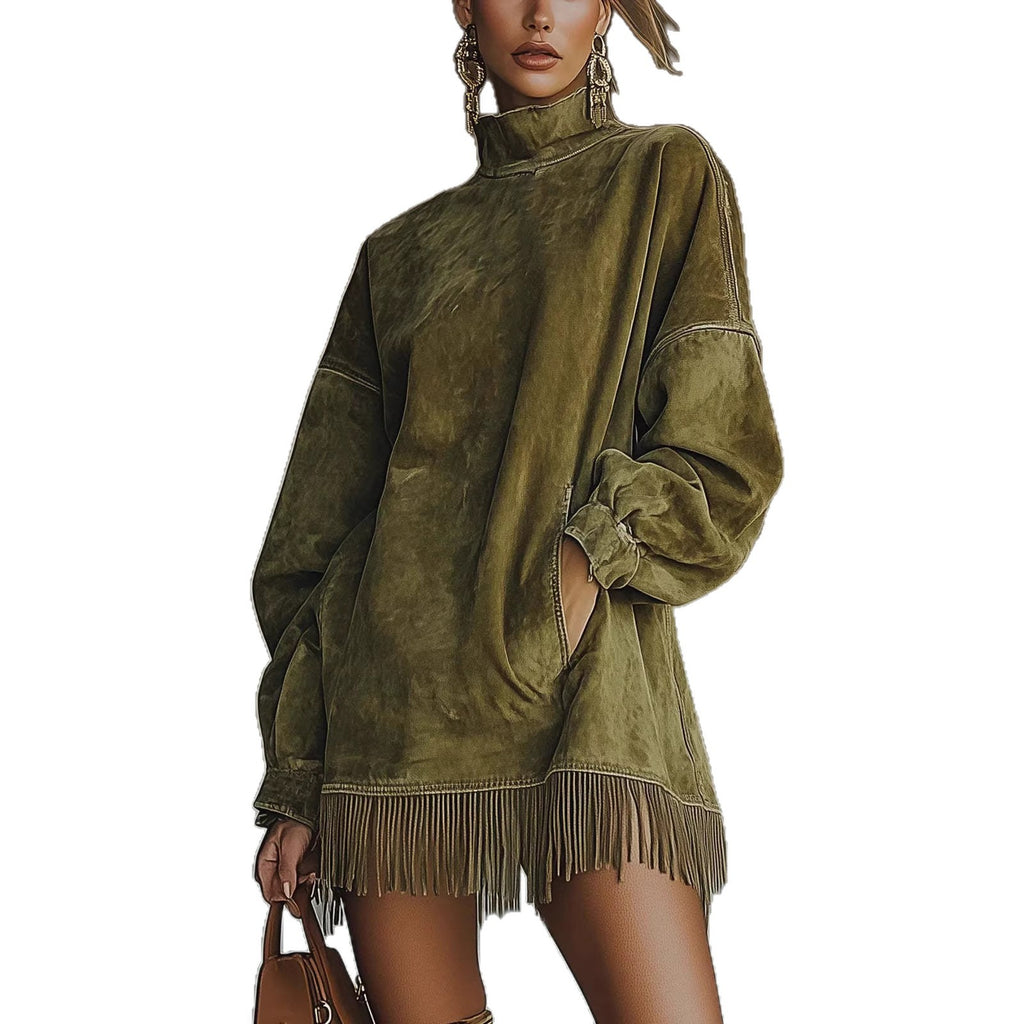 Mock Neck Suede Dress with Pockets